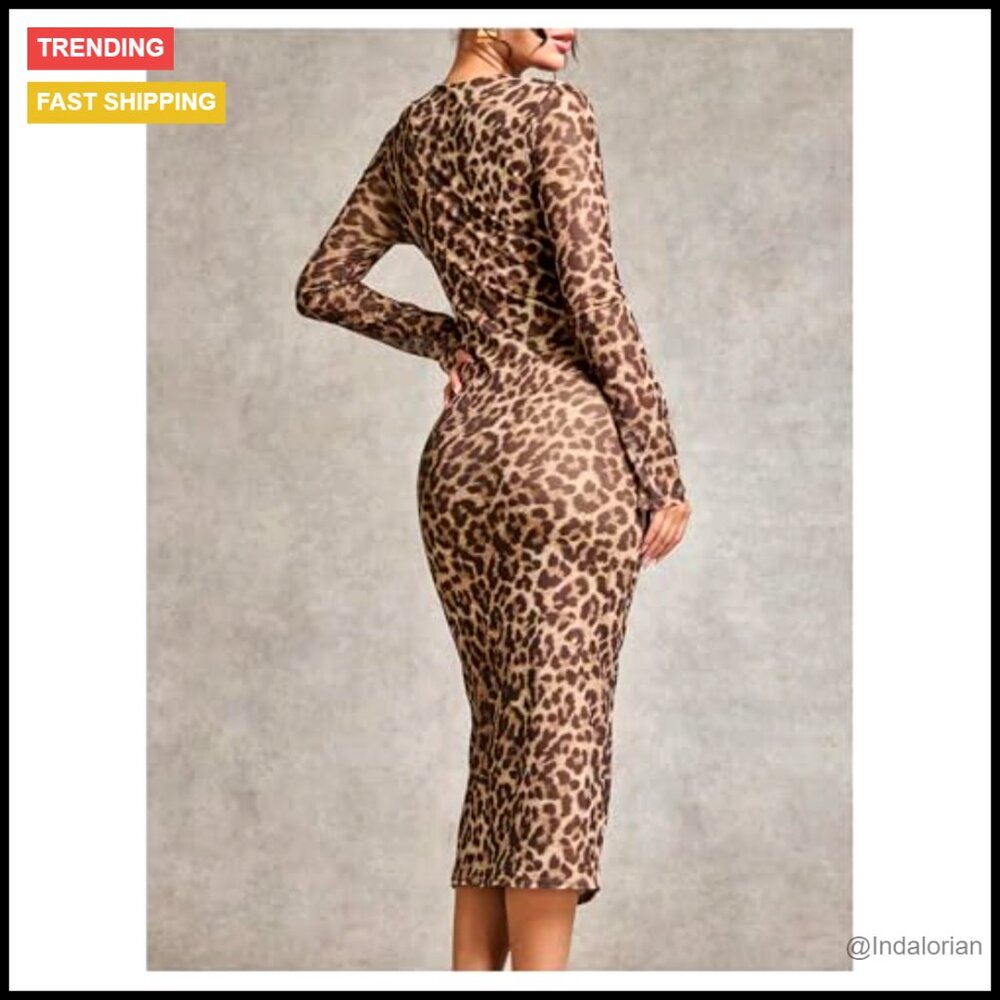 Mesh Long Sleeve Bodycon Midi Dress Elegant Cocktail Party Evening Wear - Picture 2 of 5